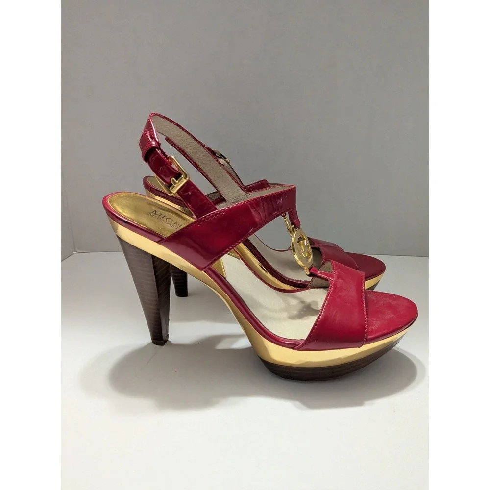 Michael Kors Red Patent Leather MK Logo T-Strap Platform Sandals Heels 8M